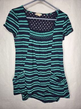 Anthropologie Striped Navy and Teal Short Sleeve Women’s Top
